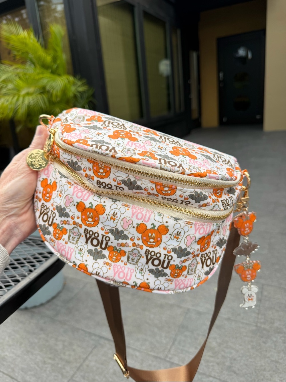 Halloween Mickey Pumpkin Print Crossbody Travel Bag Belt-bag w/ bag charm